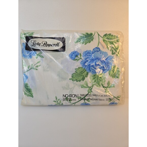 Lady Pepperell Vintage Twin Fitted Sheet Blue Flowers on White NEW Old Stock - Picture 1 of 9